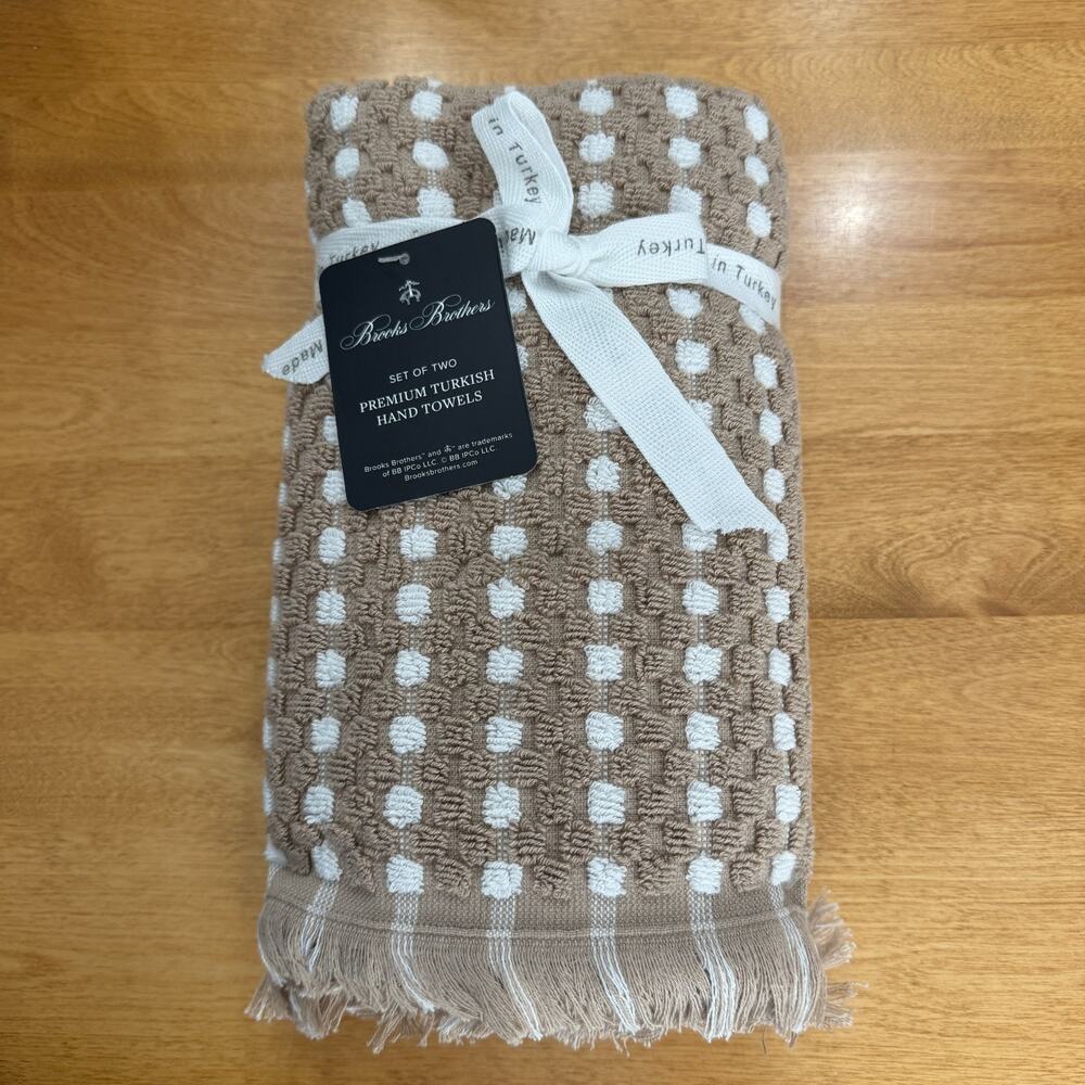 Brooks Brothers Set of 2 Premium Turkish Hand Towels Beige Taupe White Fringe